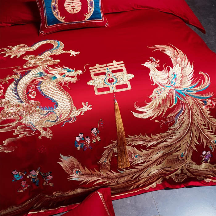 91家纺网 家纺一手货源 找家纺 芊囍纺 2025新款全棉刺绣婚庆四件套 龙凤传情