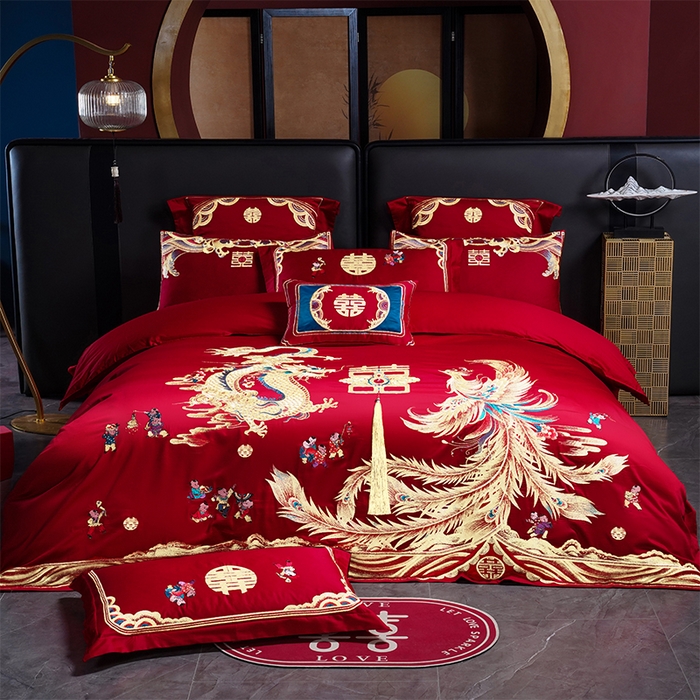 芊囍纺 2025新款全棉刺绣婚庆四件套 龙凤传情