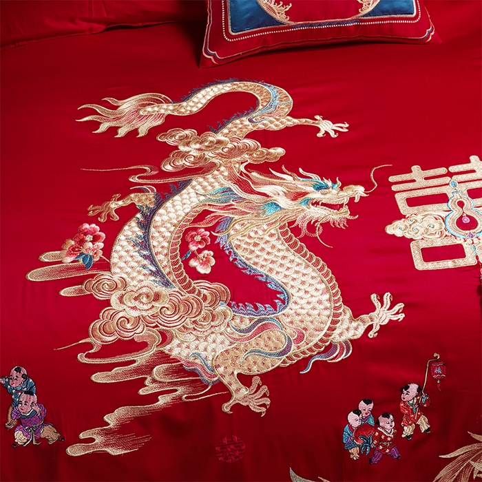 91家纺网 家纺一手货源 找家纺 芊囍纺 2025新款全棉刺绣婚庆四件套 龙凤传情