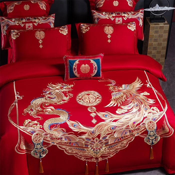 91家纺网 家纺一手货源 找家纺 芊囍纺 2025新款全棉刺绣婚庆四件套 龙凤佳人