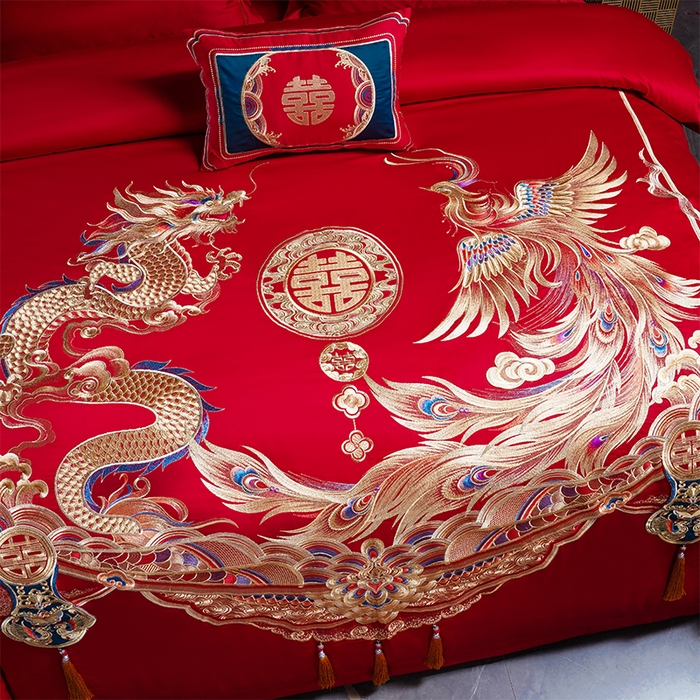 91家纺网 家纺一手货源 找家纺 芊囍纺 2025新款全棉刺绣婚庆四件套 龙凤佳人