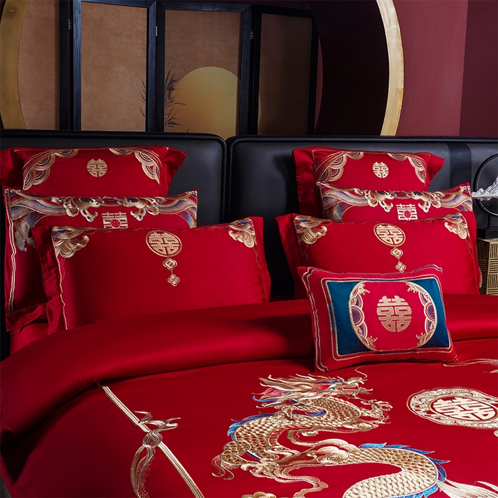 91家纺网 家纺一手货源 找家纺 芊囍纺 2025新款全棉刺绣婚庆四件套 龙凤佳人