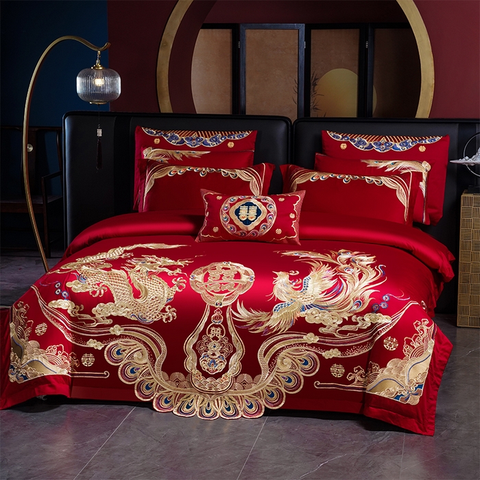 91家纺网 家纺一手货源 找家纺 芊囍纺 2025新款全棉刺绣婚庆四件套 龙凤同喜