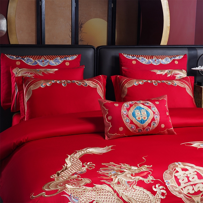 91家纺网 家纺一手货源 找家纺 芊囍纺 2025新款全棉刺绣婚庆四件套 龙凤同喜