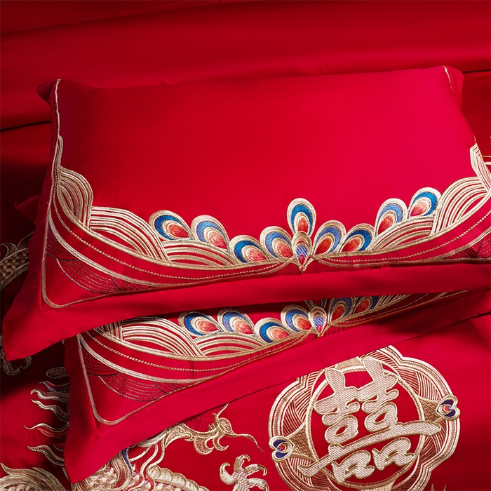 91家纺网 家纺一手货源 找家纺 芊囍纺 2025新款全棉刺绣婚庆四件套 龙凤同喜