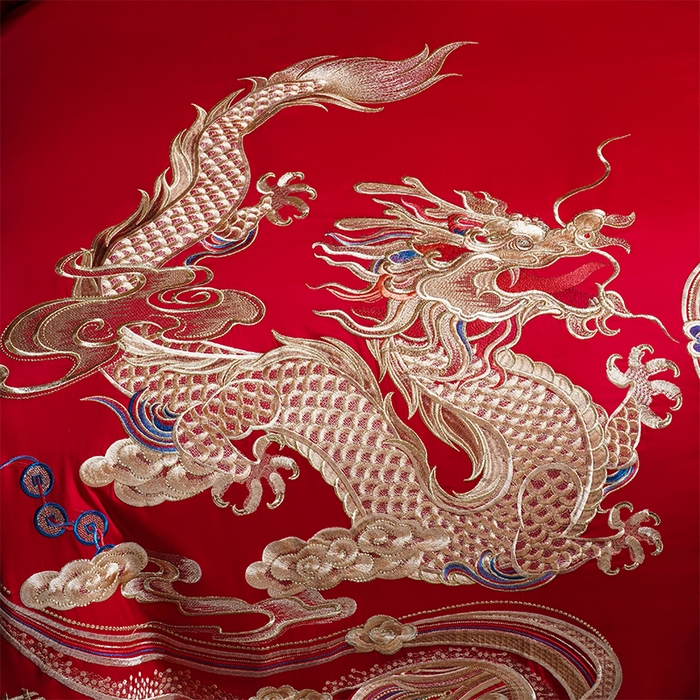 91家纺网 家纺一手货源 找家纺 芊囍纺 2025新款全棉刺绣婚庆四件套 龙凤同喜