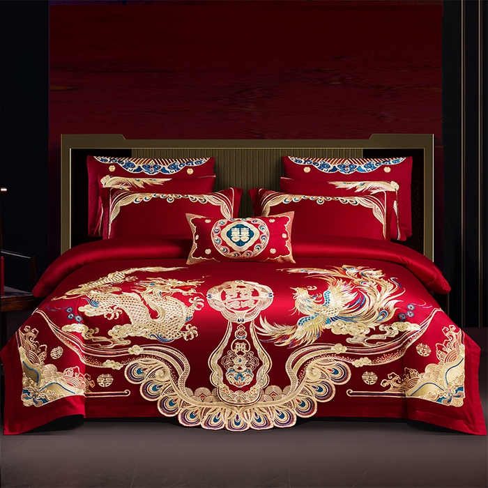 芊囍纺 2025新款全棉刺绣婚庆四件套 龙凤同喜