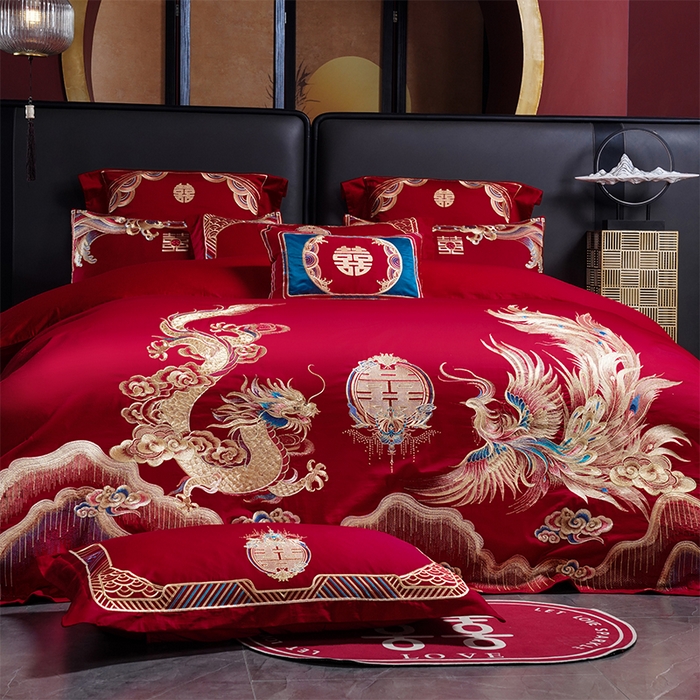 91家纺网 家纺一手货源 找家纺 芊囍纺 2025新款全棉刺绣婚庆四件套 美人龙凤