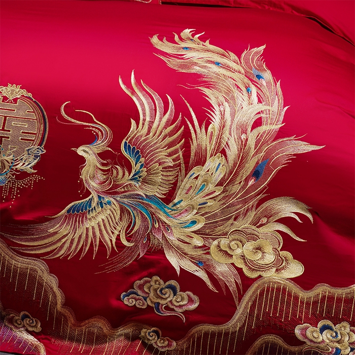 91家纺网 家纺一手货源 找家纺 芊囍纺 2025新款全棉刺绣婚庆四件套 美人龙凤