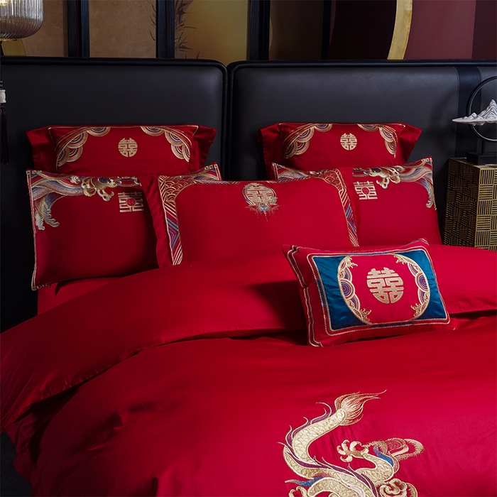 91家纺网 家纺一手货源 找家纺 芊囍纺 2025新款全棉刺绣婚庆四件套 美人龙凤