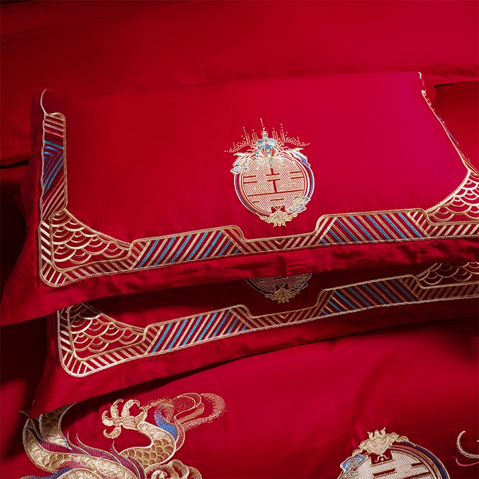 91家纺网 家纺一手货源 找家纺 芊囍纺 2025新款全棉刺绣婚庆四件套 美人龙凤