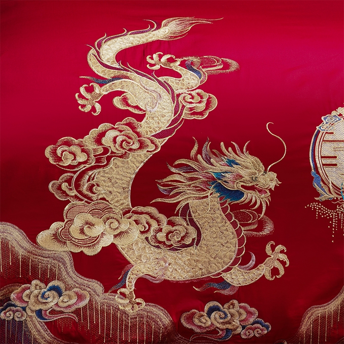 91家纺网 家纺一手货源 找家纺 芊囍纺 2025新款全棉刺绣婚庆四件套 美人龙凤