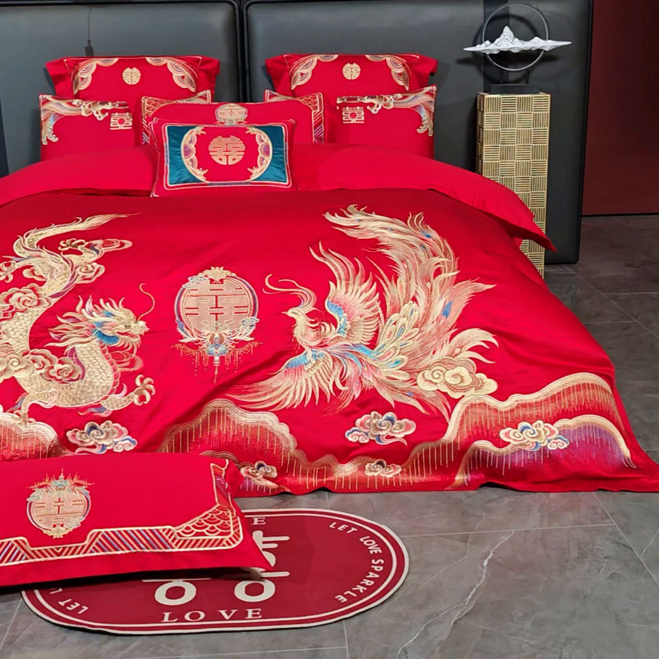 91家纺网 家纺一手货源 找家纺 芊囍纺 2025新款全棉刺绣婚庆四件套 美人龙凤