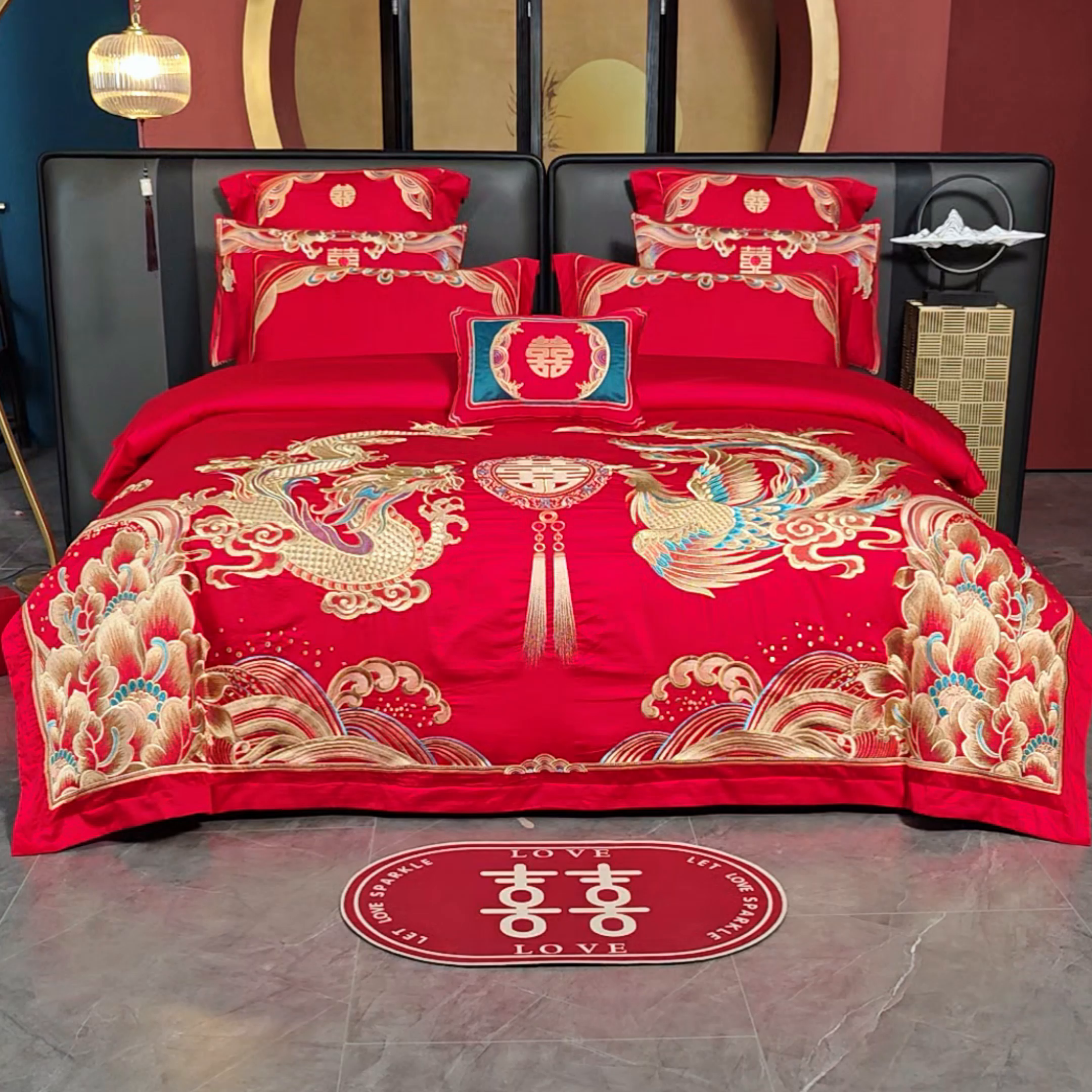 91家纺网 家纺一手货源 找家纺 芊囍纺 2025新款全棉刺绣婚庆四件套 金玉满堂