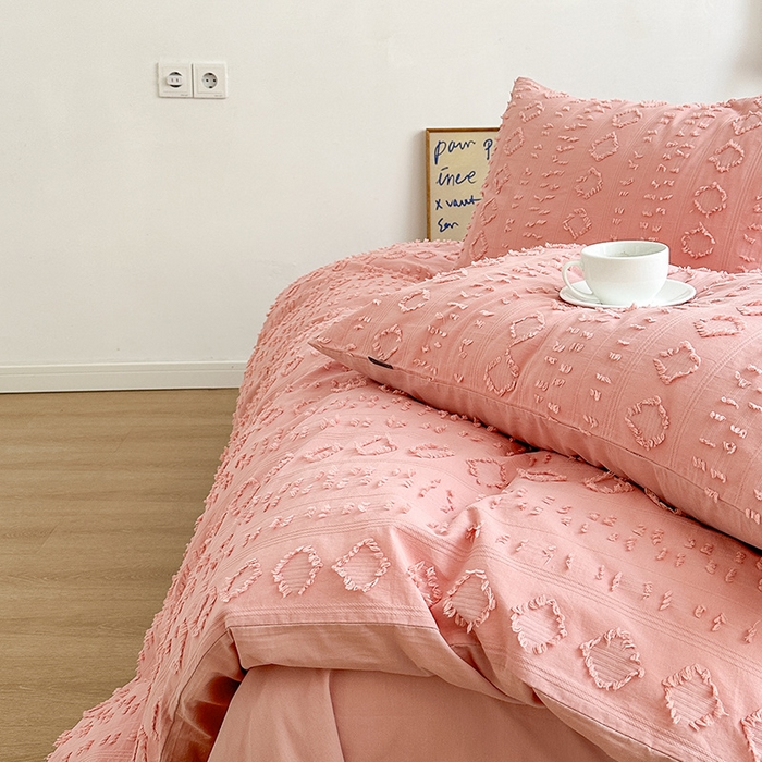 91家纺网 家纺一手货源 找家纺 贝尔 PELLHOME 车妮尔全棉剪花提花四件套外贸民宿小红书风格套件（可抖音代发） 车妮尔-粉