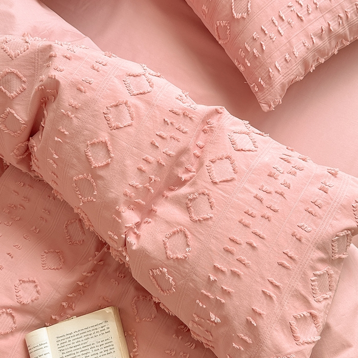 91家纺网 家纺一手货源 找家纺 贝尔 PELLHOME 车妮尔全棉剪花提花四件套外贸民宿小红书风格套件（可抖音代发） 车妮尔-粉