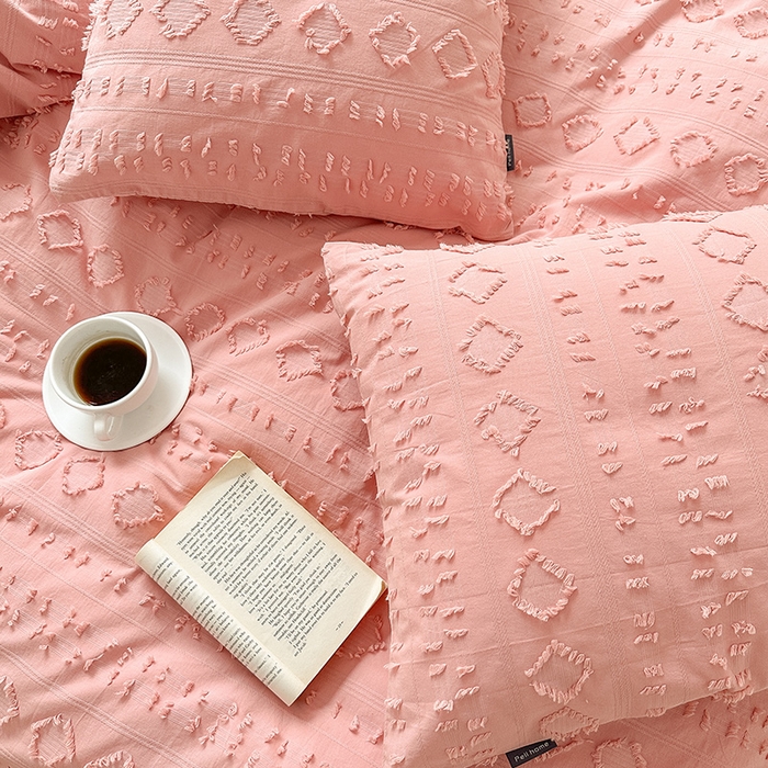 91家纺网 家纺一手货源 找家纺 贝尔 PELLHOME 车妮尔全棉剪花提花四件套外贸民宿小红书风格套件（可抖音代发） 车妮尔-粉