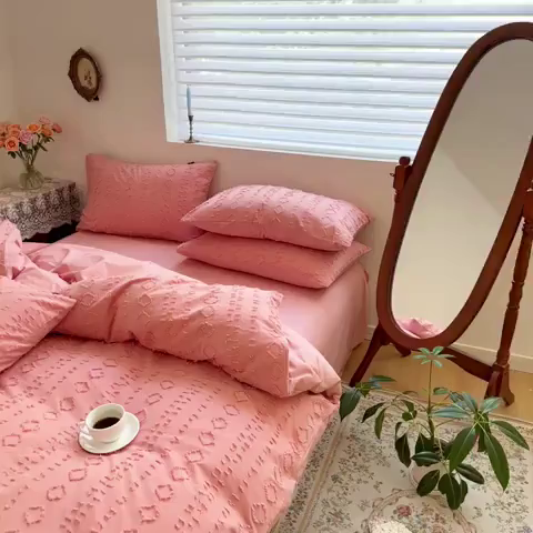 91家纺网 家纺一手货源 找家纺 贝尔 PELLHOME 车妮尔全棉剪花提花四件套外贸民宿小红书风格套件（可抖音代发） 车妮尔-粉