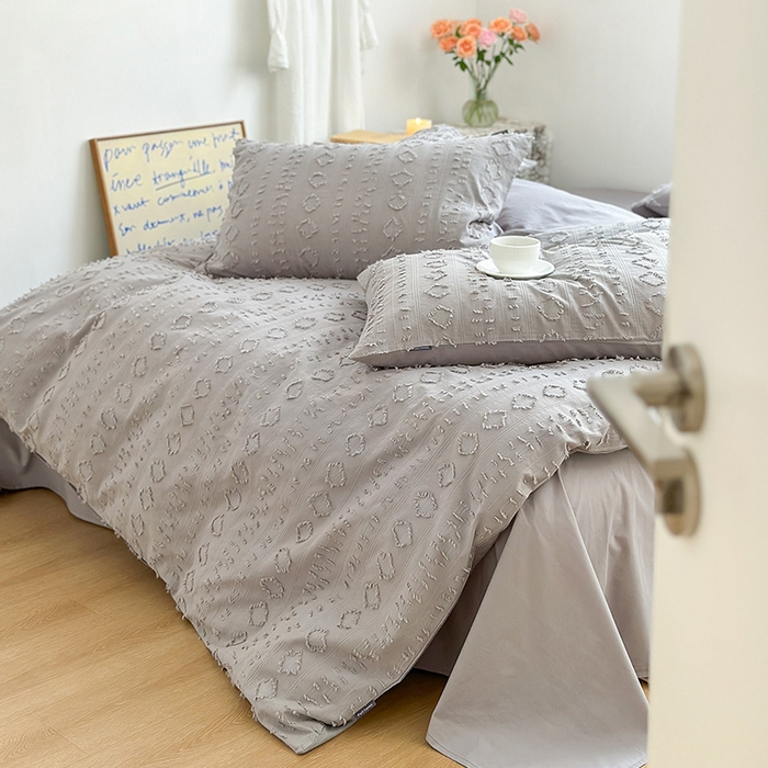 91家纺网 家纺一手货源 找家纺 贝尔 PELLHOME 车妮尔全棉剪花提花四件套外贸民宿小红书风格套件（可抖音代发） 车妮尔-灰