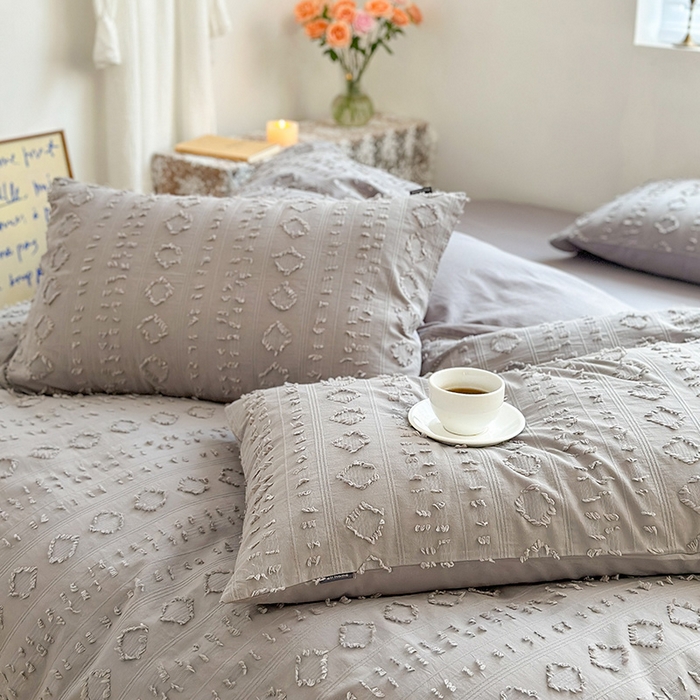 91家纺网 家纺一手货源 找家纺 贝尔 PELLHOME 车妮尔全棉剪花提花四件套外贸民宿小红书风格套件（可抖音代发） 车妮尔-灰