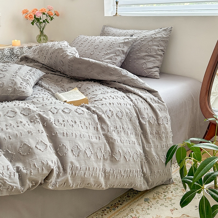 91家纺网 家纺一手货源 找家纺 贝尔 PELLHOME 车妮尔全棉剪花提花四件套外贸民宿小红书风格套件（可抖音代发） 车妮尔-灰