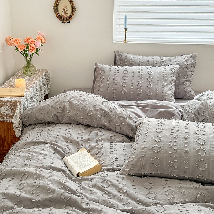 91家纺网 家纺一手货源 找家纺 贝尔 PELLHOME 车妮尔全棉剪花提花四件套外贸民宿小红书风格套件（可抖音代发） 车妮尔-灰