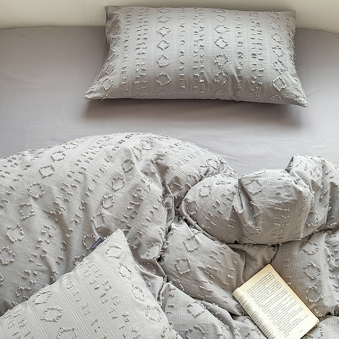 91家纺网 家纺一手货源 找家纺 贝尔 PELLHOME 车妮尔全棉剪花提花四件套外贸民宿小红书风格套件（可抖音代发） 车妮尔-灰