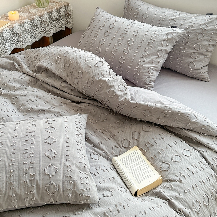 91家纺网 家纺一手货源 找家纺 贝尔 PELLHOME 车妮尔全棉剪花提花四件套外贸民宿小红书风格套件（可抖音代发） 车妮尔-灰