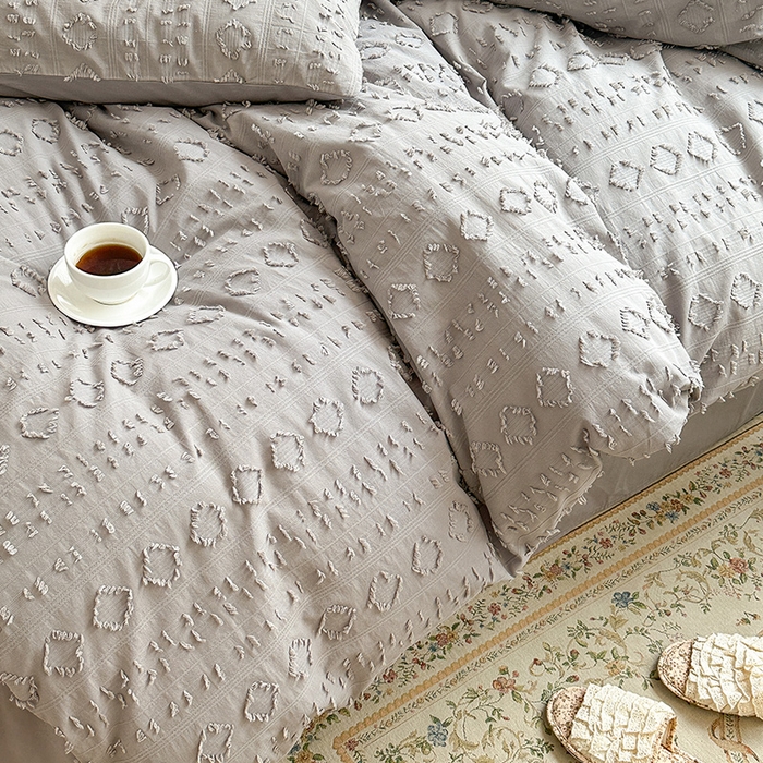 91家纺网 家纺一手货源 找家纺 贝尔 PELLHOME 车妮尔全棉剪花提花四件套外贸民宿小红书风格套件（可抖音代发） 车妮尔-灰