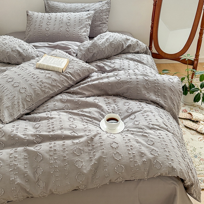 91家纺网 家纺一手货源 找家纺 贝尔 PELLHOME 车妮尔全棉剪花提花四件套外贸民宿小红书风格套件（可抖音代发） 车妮尔-灰