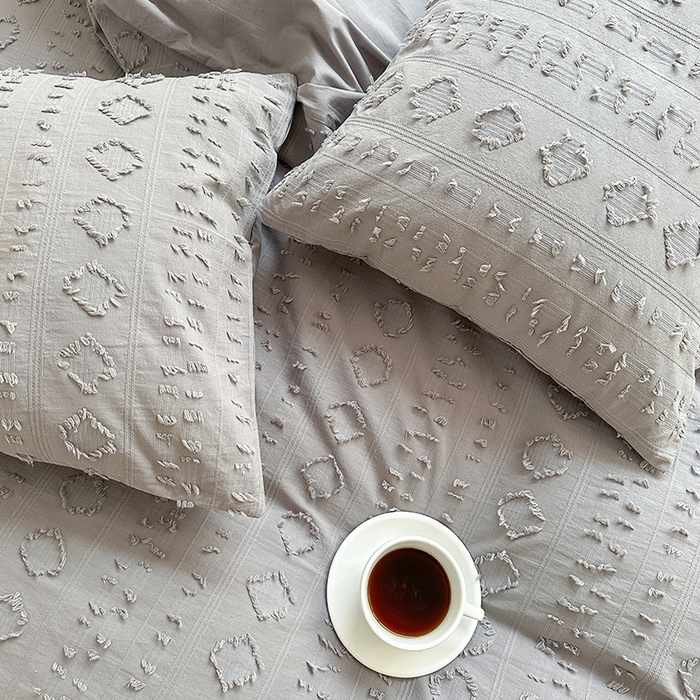 91家纺网 家纺一手货源 找家纺 贝尔 PELLHOME 车妮尔全棉剪花提花四件套外贸民宿小红书风格套件（可抖音代发） 车妮尔-灰