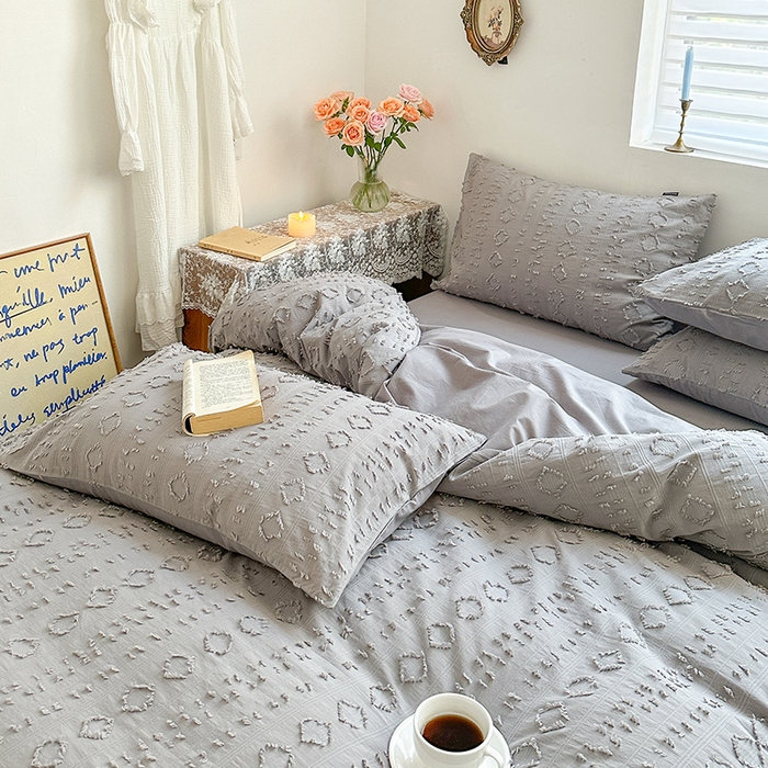 91家纺网 家纺一手货源 找家纺 贝尔 PELLHOME 车妮尔全棉剪花提花四件套外贸民宿小红书风格套件（可抖音代发） 车妮尔-灰