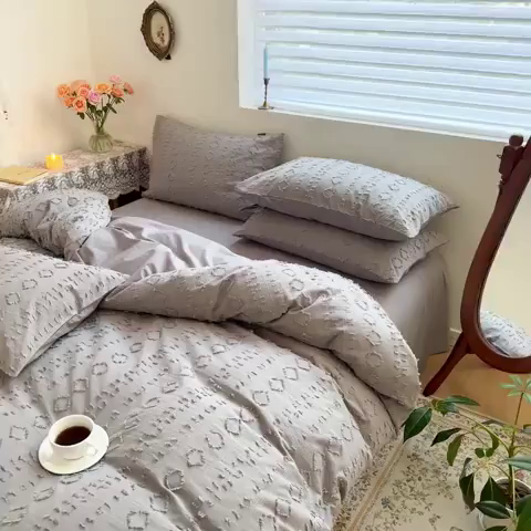 91家纺网 家纺一手货源 找家纺 贝尔 PELLHOME 车妮尔全棉剪花提花四件套外贸民宿小红书风格套件（可抖音代发） 车妮尔-灰