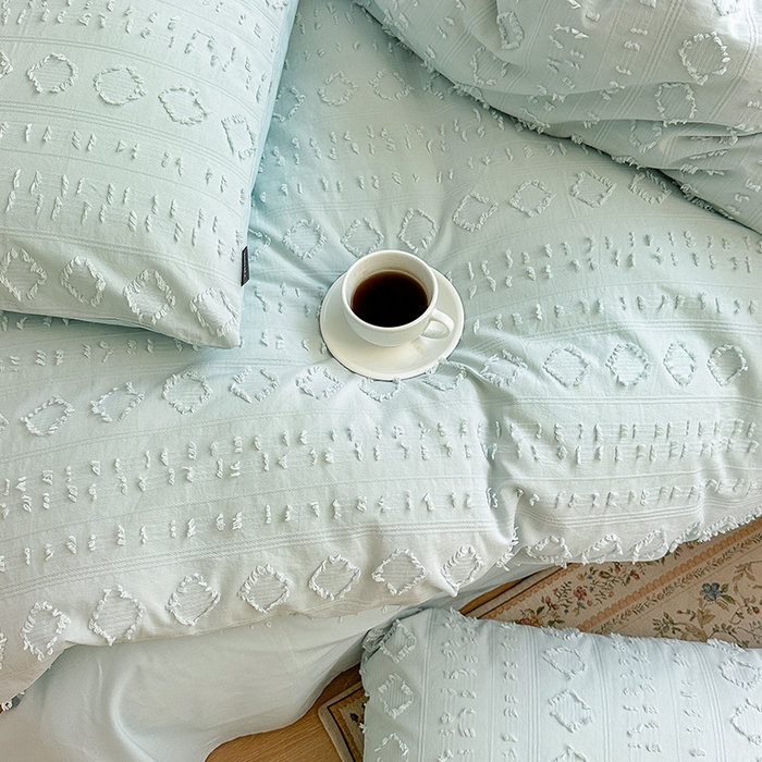 91家纺网 家纺一手货源 找家纺 贝尔 PELLHOME 车妮尔全棉剪花提花四件套外贸民宿小红书风格套件（可抖音代发） 车妮尔-蓝