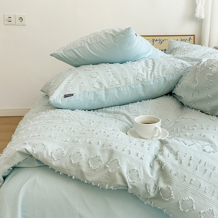 91家纺网 家纺一手货源 找家纺 贝尔 PELLHOME 车妮尔全棉剪花提花四件套外贸民宿小红书风格套件（可抖音代发） 车妮尔-蓝