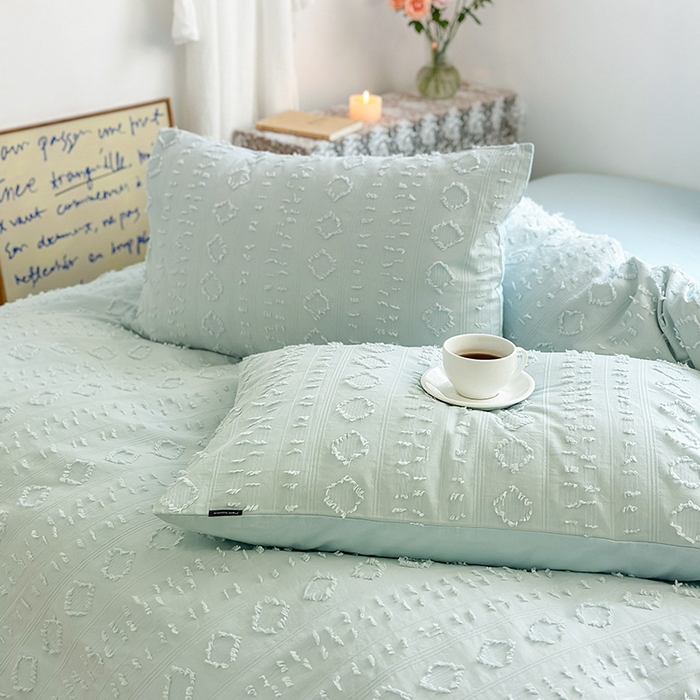 91家纺网 家纺一手货源 找家纺 贝尔 PELLHOME 车妮尔全棉剪花提花四件套外贸民宿小红书风格套件（可抖音代发） 车妮尔-蓝