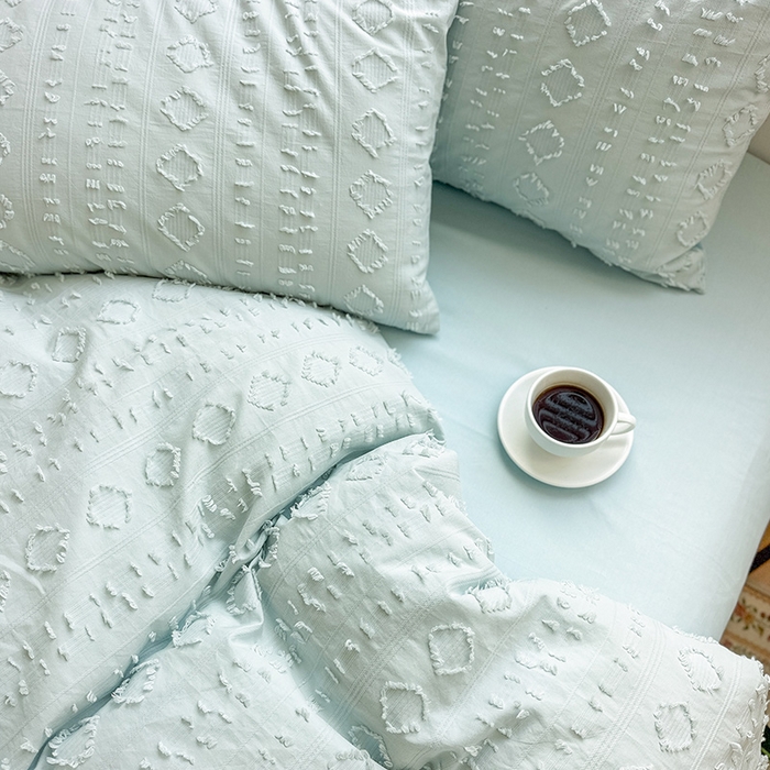 91家纺网 家纺一手货源 找家纺 贝尔 PELLHOME 车妮尔全棉剪花提花四件套外贸民宿小红书风格套件（可抖音代发） 车妮尔-蓝