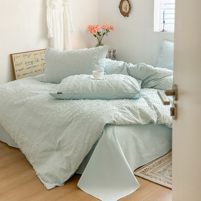 91家纺网 家纺一手货源 找家纺 贝尔 PELLHOME 车妮尔全棉剪花提花四件套外贸民宿小红书风格套件（可抖音代发） 车妮尔-蓝