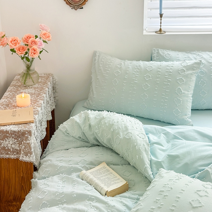 91家纺网 家纺一手货源 找家纺 贝尔 PELLHOME 车妮尔全棉剪花提花四件套外贸民宿小红书风格套件（可抖音代发） 车妮尔-蓝