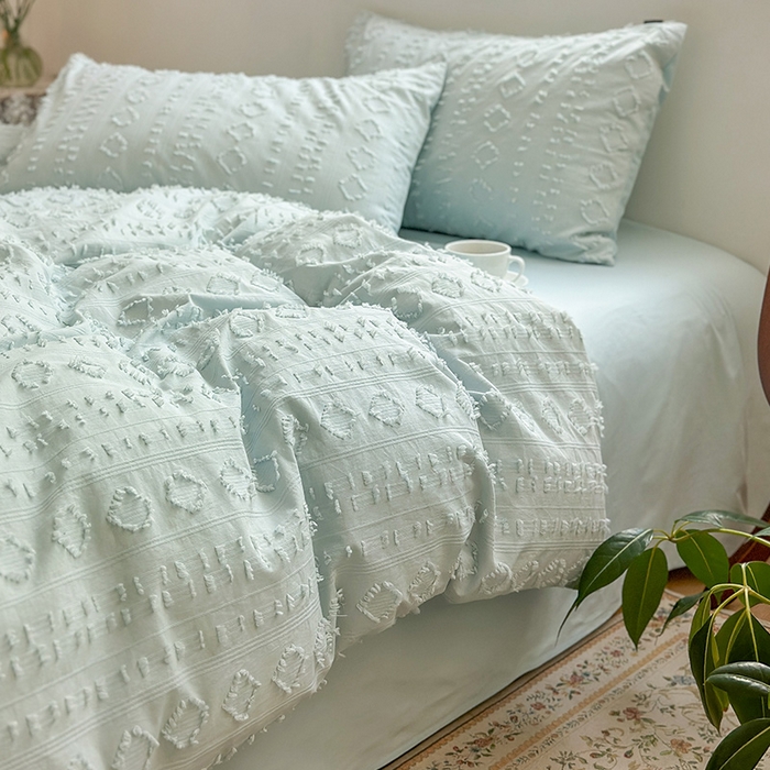 91家纺网 家纺一手货源 找家纺 贝尔 PELLHOME 车妮尔全棉剪花提花四件套外贸民宿小红书风格套件（可抖音代发） 车妮尔-蓝