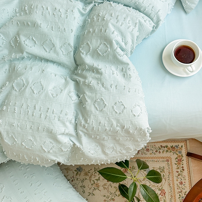 91家纺网 家纺一手货源 找家纺 贝尔 PELLHOME 车妮尔全棉剪花提花四件套外贸民宿小红书风格套件（可抖音代发） 车妮尔-蓝