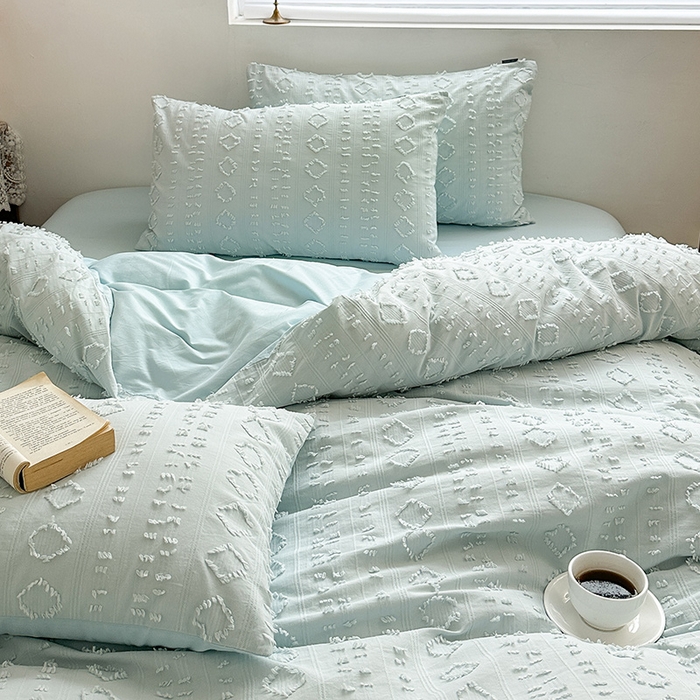 91家纺网 家纺一手货源 找家纺 贝尔 PELLHOME 车妮尔全棉剪花提花四件套外贸民宿小红书风格套件（可抖音代发） 车妮尔-蓝