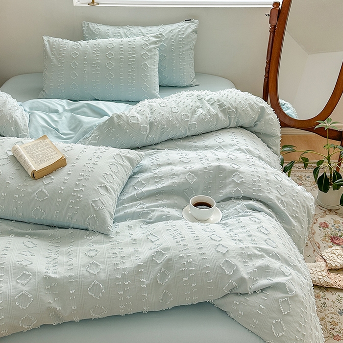 91家纺网 家纺一手货源 找家纺 贝尔 PELLHOME 车妮尔全棉剪花提花四件套外贸民宿小红书风格套件（可抖音代发） 车妮尔-蓝