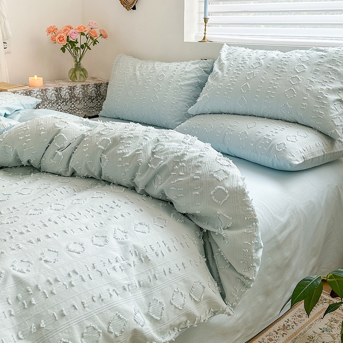 91家纺网 家纺一手货源 找家纺 贝尔 PELLHOME 车妮尔全棉剪花提花四件套外贸民宿小红书风格套件（可抖音代发） 车妮尔-蓝