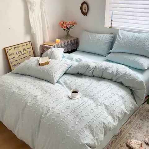 91家纺网 家纺一手货源 找家纺 贝尔 PELLHOME 车妮尔全棉剪花提花四件套外贸民宿小红书风格套件（可抖音代发） 车妮尔-蓝