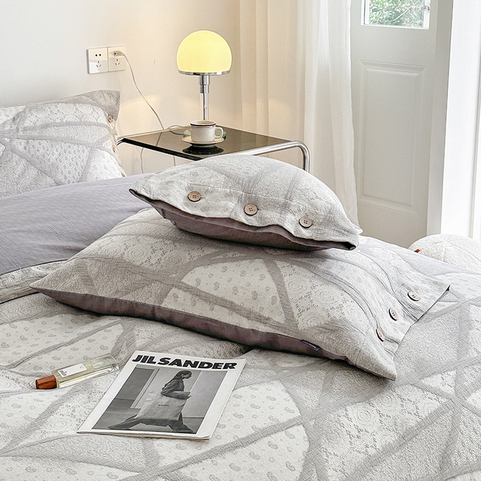 91家纺网 家纺一手货源 找家纺 贝尔 PELLHOME 全棉三层纱提花四件套-埃菲尔系列AB版均为全棉提花面料（可抖音代发） 埃菲尔-灰