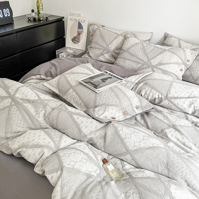 91家纺网 家纺一手货源 找家纺 贝尔 PELLHOME 全棉三层纱提花四件套-埃菲尔系列AB版均为全棉提花面料（可抖音代发） 埃菲尔-灰