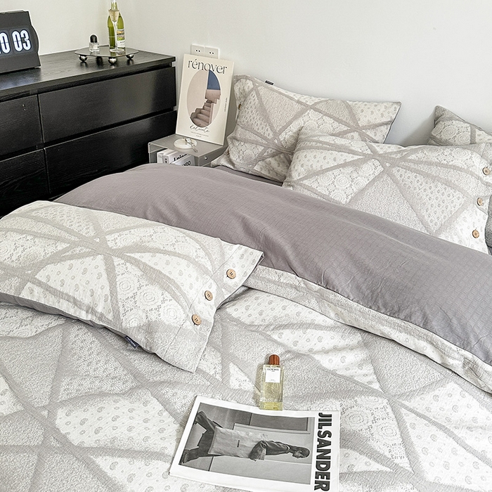 91家纺网 家纺一手货源 找家纺 贝尔 PELLHOME 全棉三层纱提花四件套-埃菲尔系列AB版均为全棉提花面料（可抖音代发） 埃菲尔-灰