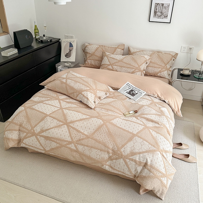 91家纺网 家纺一手货源 找家纺 贝尔 PELLHOME 全棉三层纱提花四件套-埃菲尔系列AB版均为全棉提花面料（可抖音代发） 埃菲尔-咖