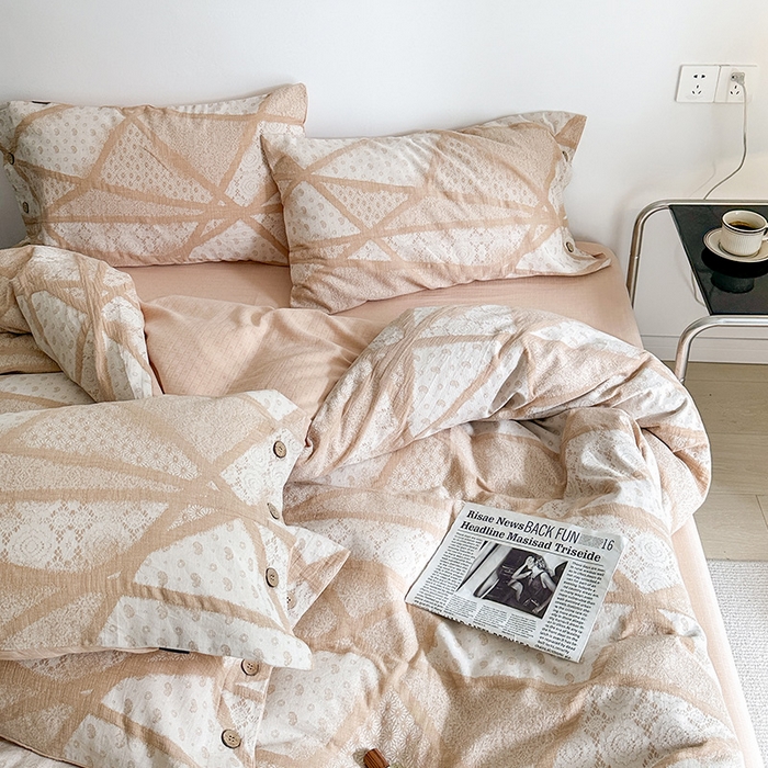 91家纺网 家纺一手货源 找家纺 贝尔 PELLHOME 全棉三层纱提花四件套-埃菲尔系列AB版均为全棉提花面料（可抖音代发） 埃菲尔-咖